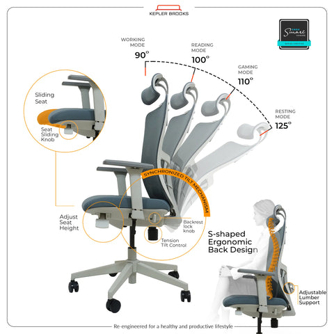 Kepler Brooks Altius Premium High Back Mesh Office Chair (Grey)