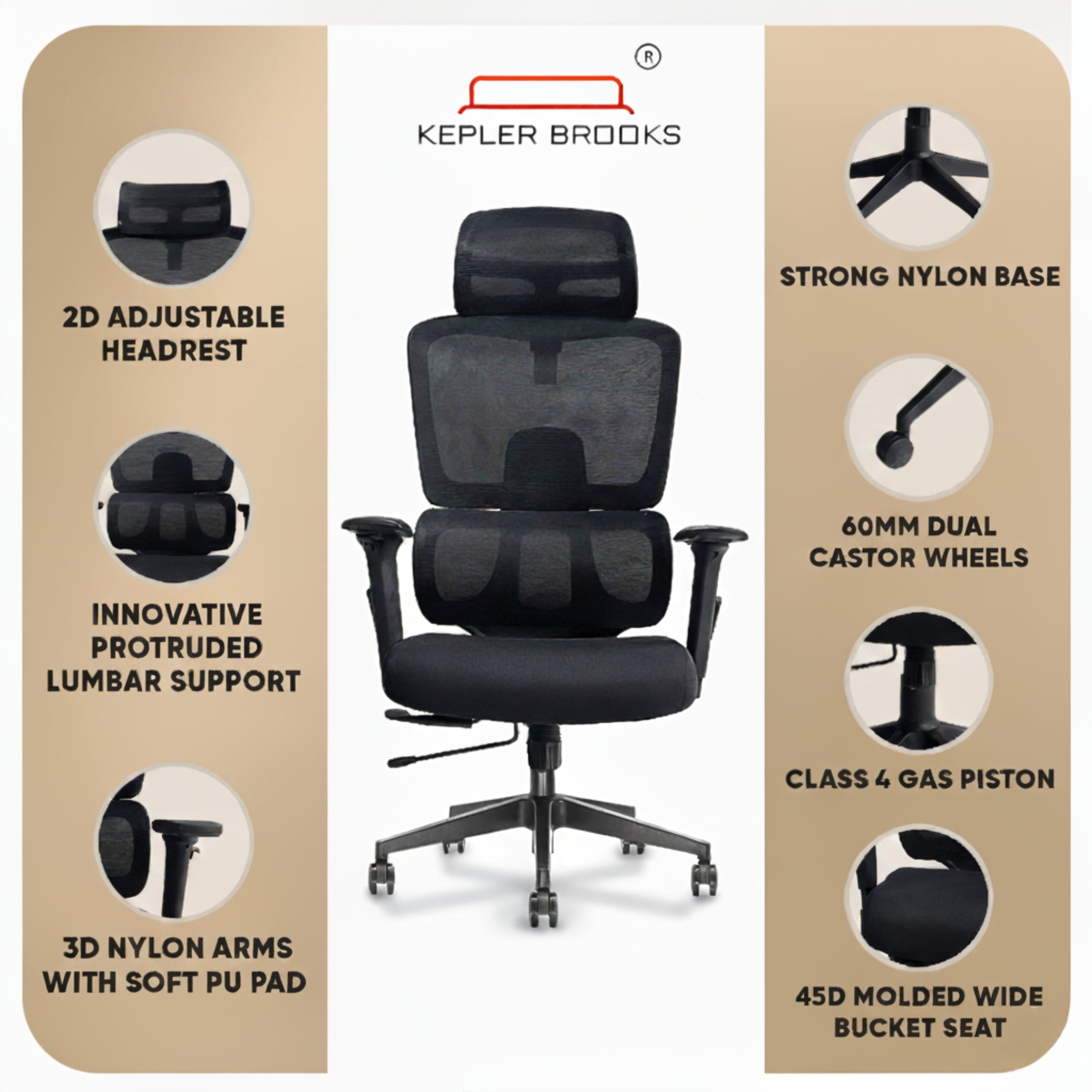 Kepler Brooks Imperia High Back Mesh Office Chair (Black)