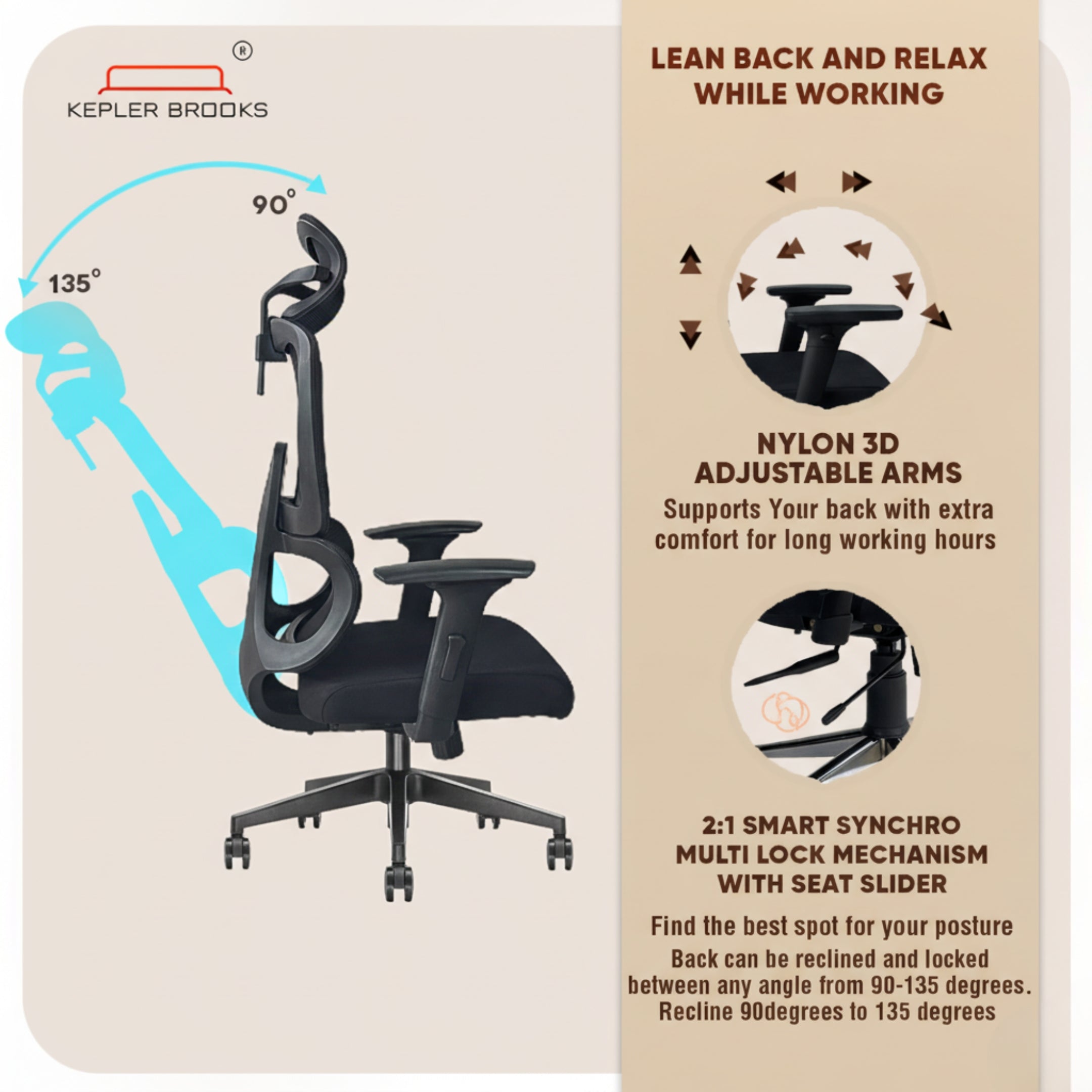 Kepler Brooks Imperia High Back Mesh Office Chair (Black)