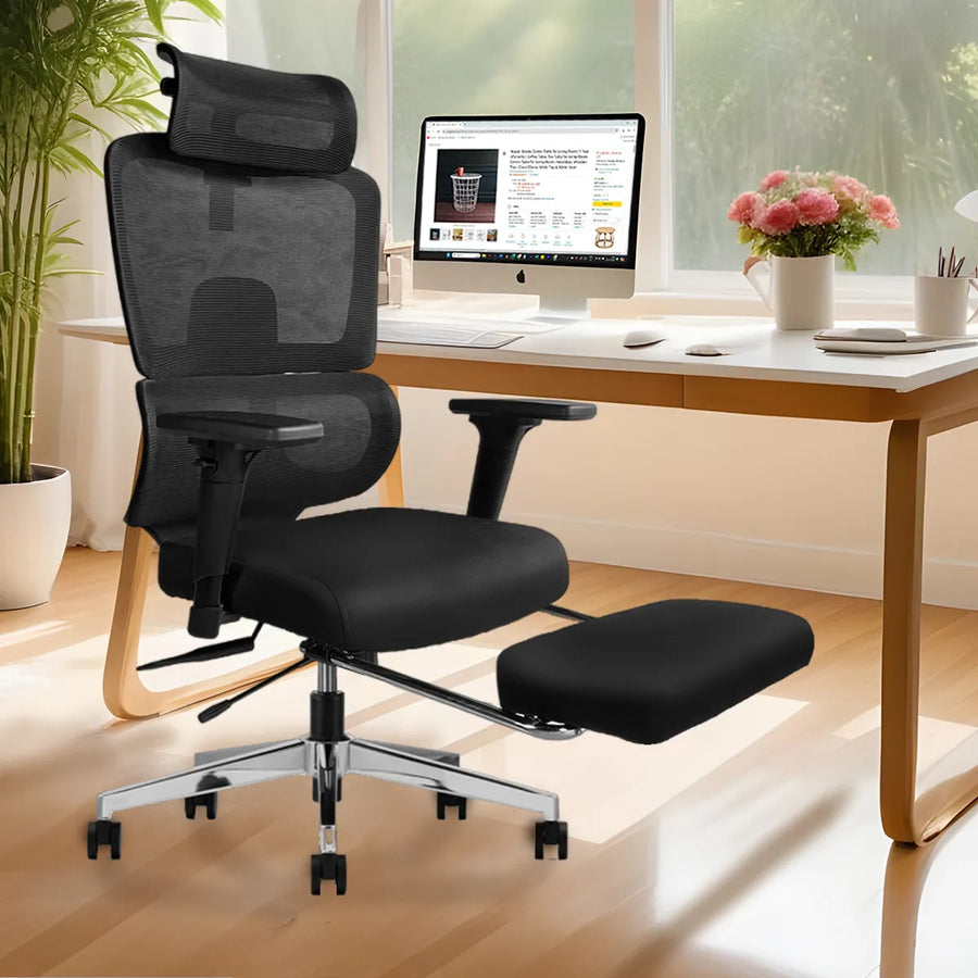 High-back mesh office Premium Chairs with legrest, in black color, placed in an office setting.
