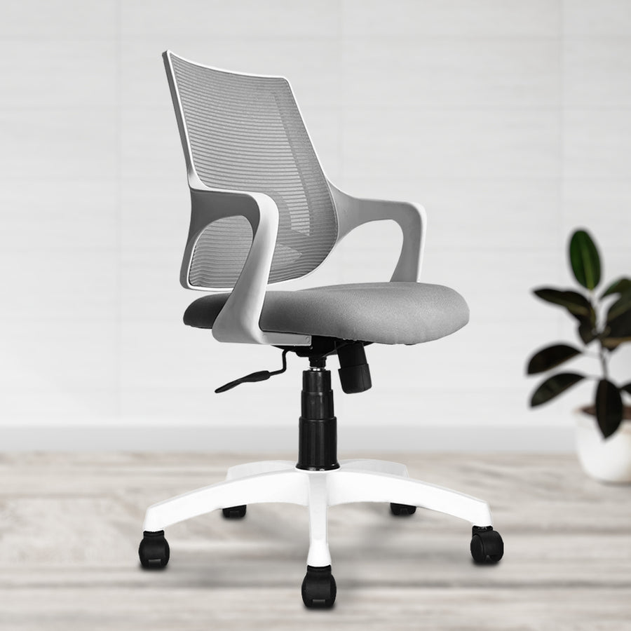 Gray office Training Chairs with white base on a light wooden floor.