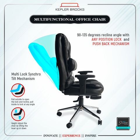 Kepler Brooks Office Chair | Chair for Office Work at Home, Ergonomic Gaming Chair with 2D Adjustable Arms, Adjustable Lumbar Support, Multi Lock Push Back Mechanism & Leg Rest (Italia Pro)