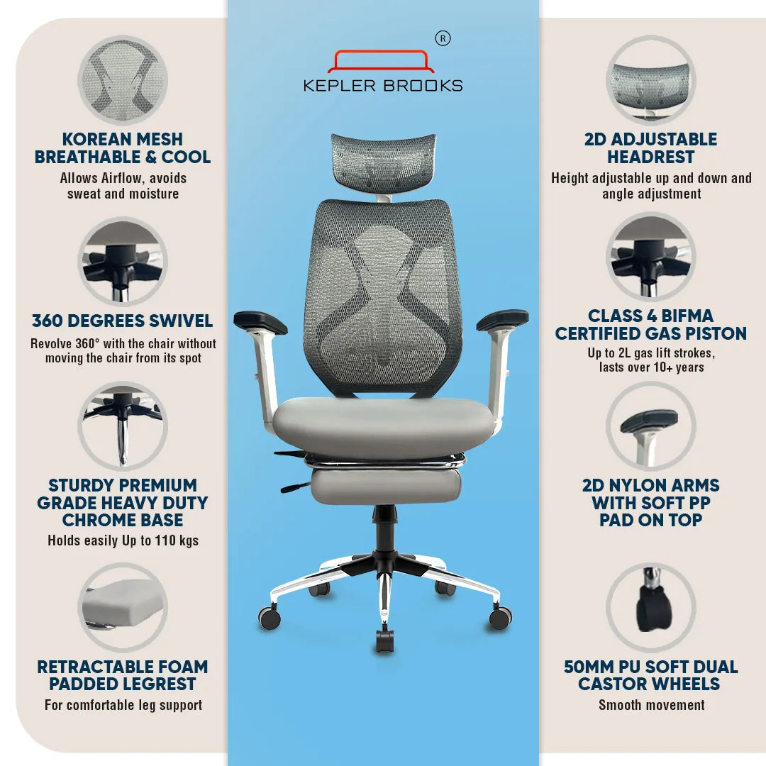 Kepler Brooks Marvel Pro Premium High Back Mesh Office Chair with Legrest (White Grey)