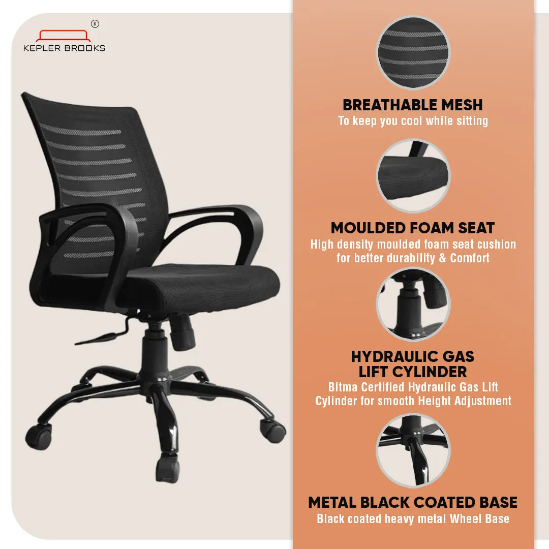 Kepler Brooks Iris Mid Back Mesh Office Chair (Black)