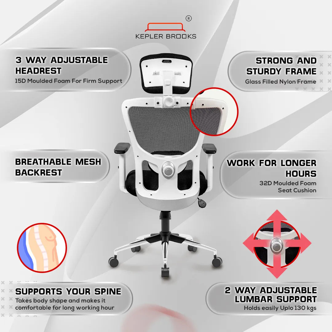 Kepler Brooks Zeus High Back Mesh Office Chair (White Frame)
