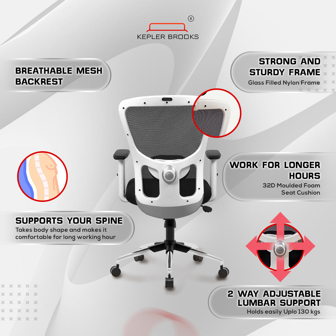 Kepler Brooks Zeus Mid Back Mesh Office Chair (White Frame)