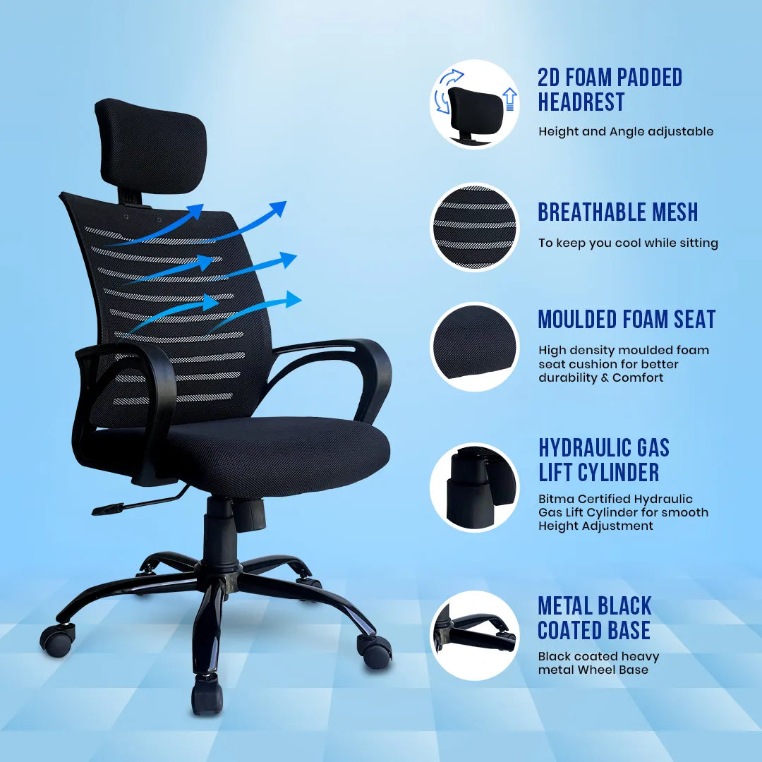 Kepler Brooks Aspira High Back Mesh Office Chair (Black)