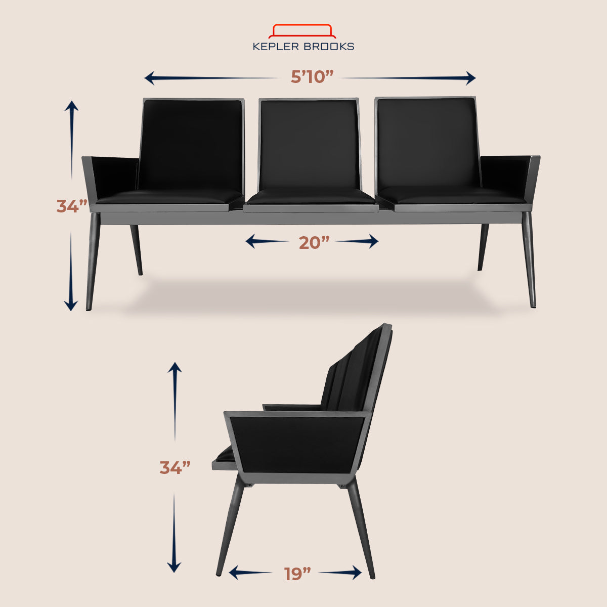 Kepler Brooks Comfy Three Seater Waiting Chair with Cushion & Arms