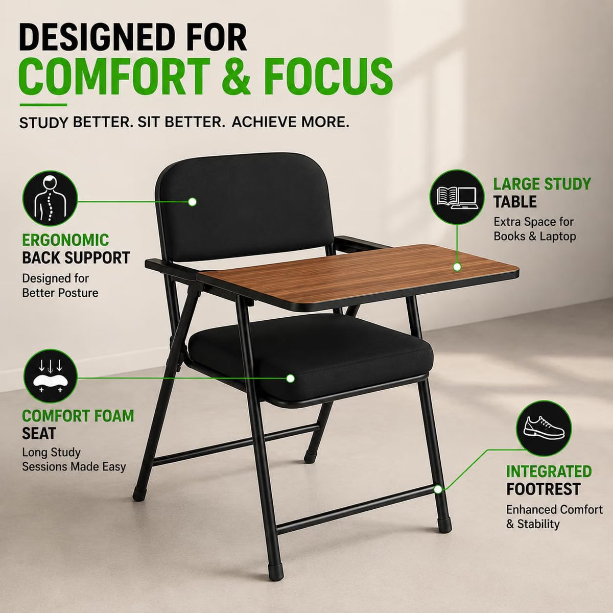 Kepler Brooks Aster Foldable Training Chair with Writing Pad