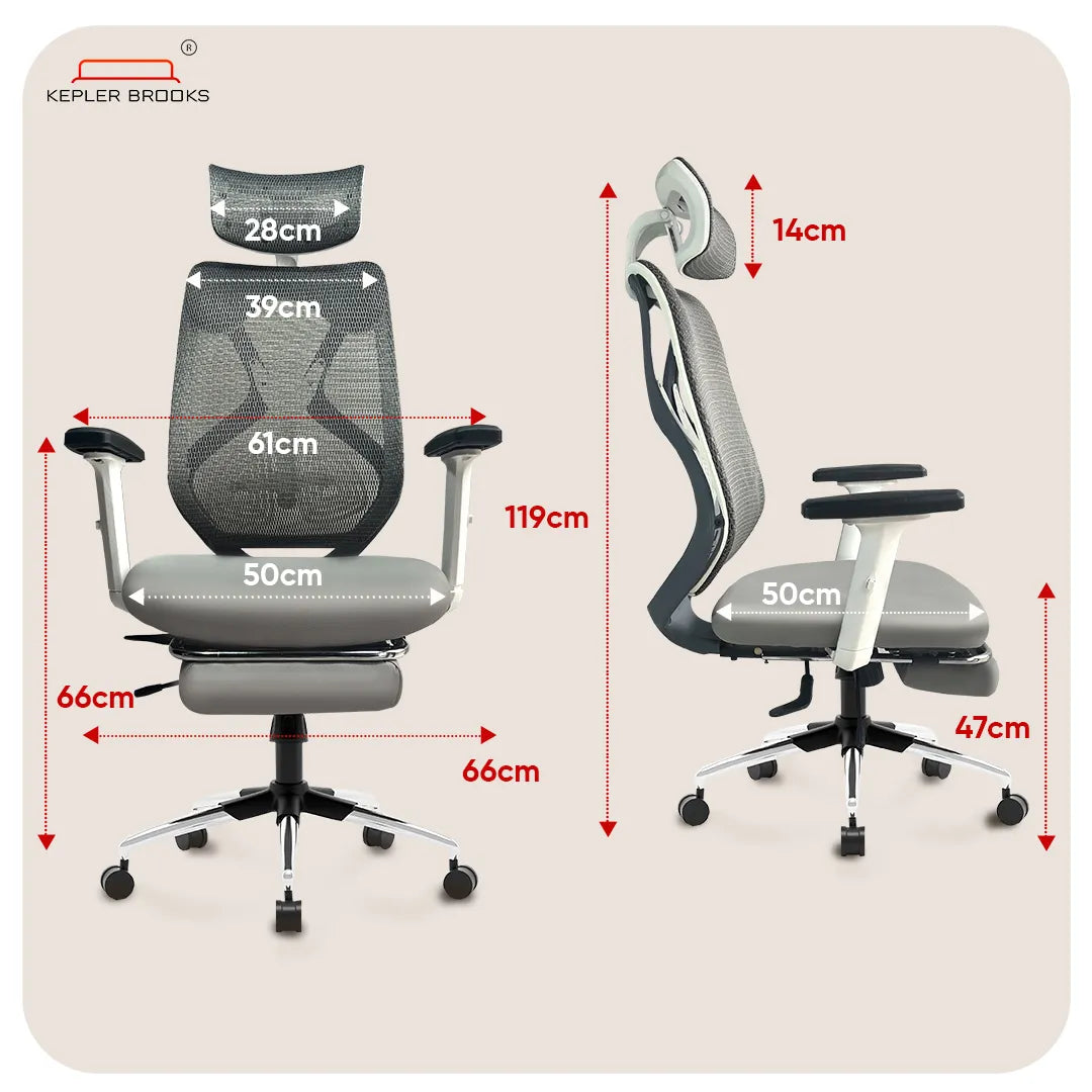 Kepler Brooks Marvel Pro Premium High Back Mesh Office Chair with Legrest (White Grey)