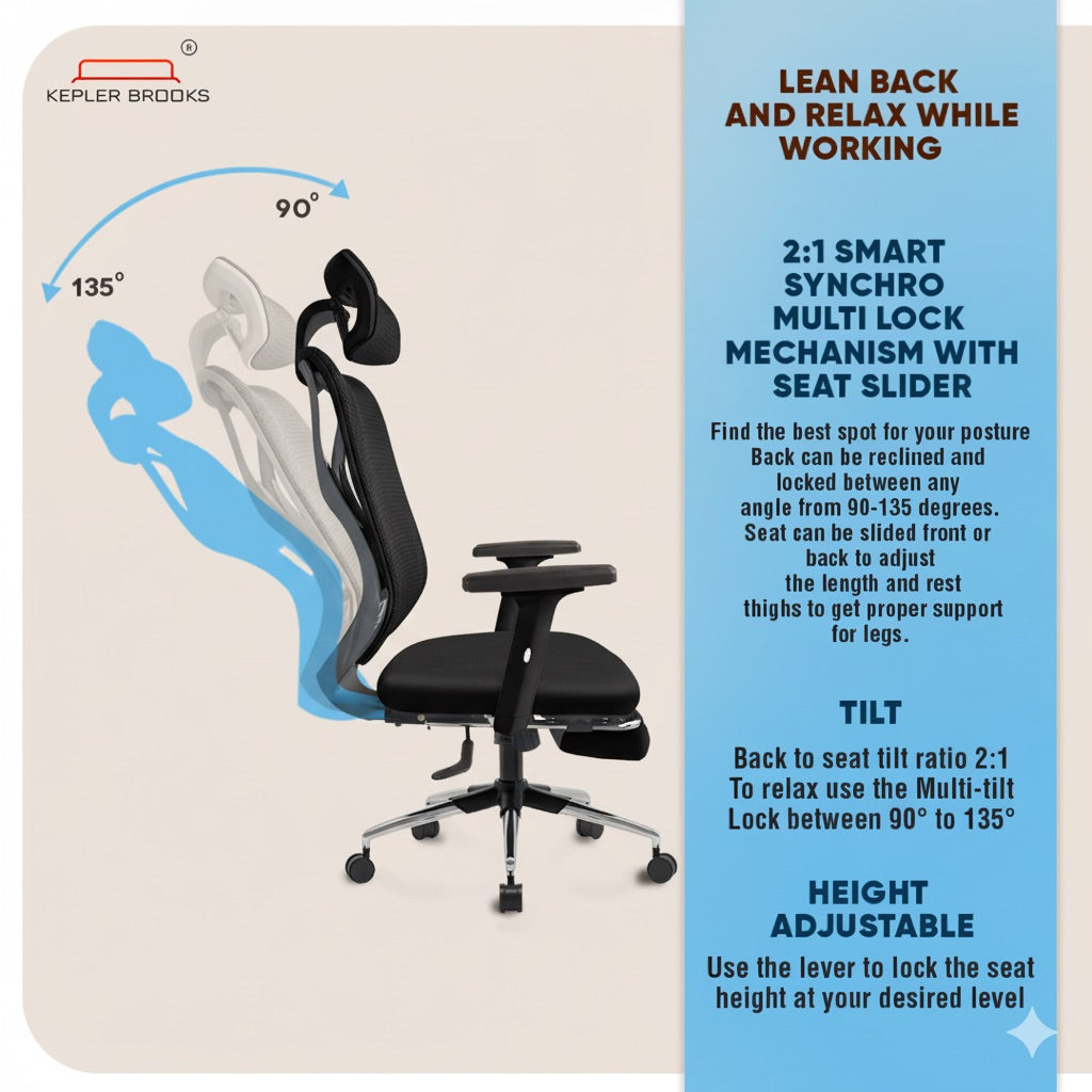 Kepler Brooks Marvel Pro Premium High Back Mesh Office Chair with Legrest