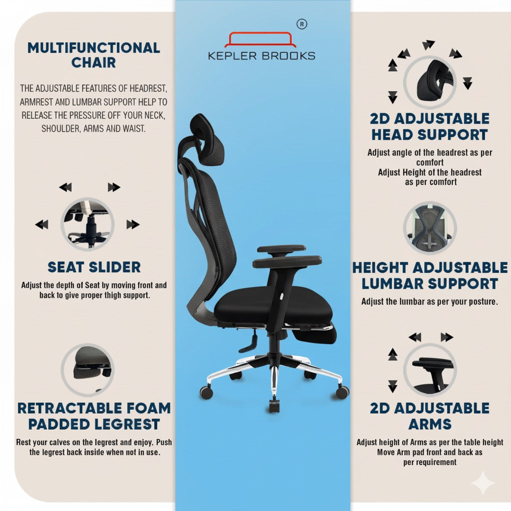 Kepler Brooks Marvel Pro Premium High Back Mesh Office Chair with Legrest