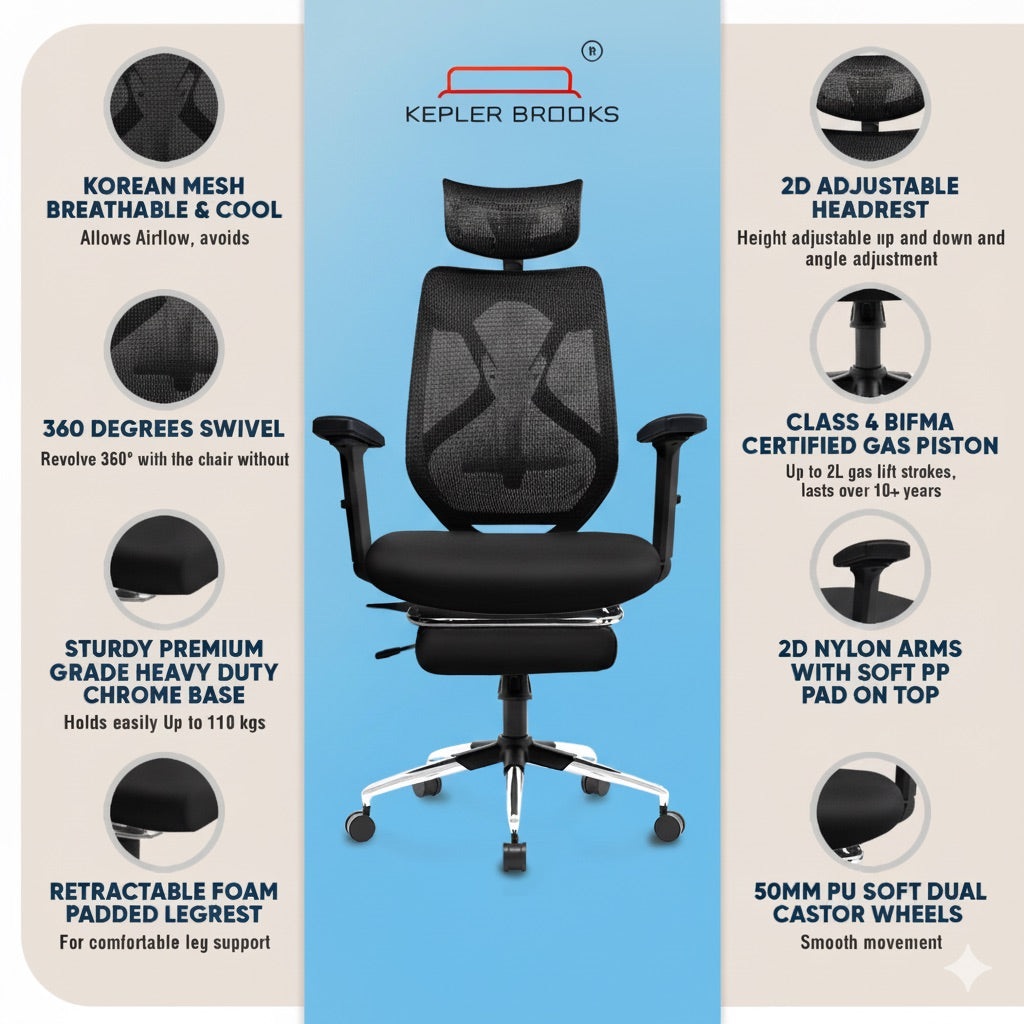 Kepler Brooks Marvel Pro Premium High Back Mesh Office Chair with Legrest