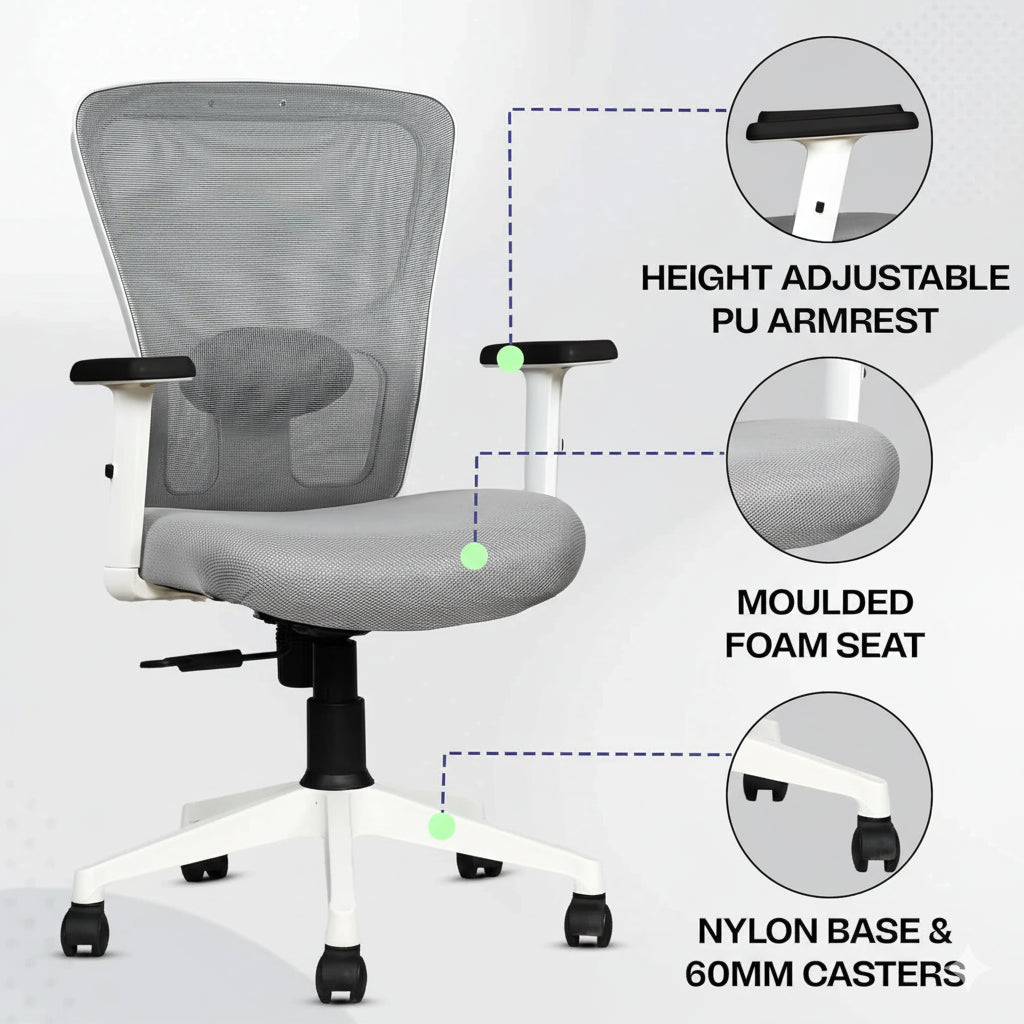 Kepler Brooks Zeus Mid Back Mesh Office Chair (White Frame)