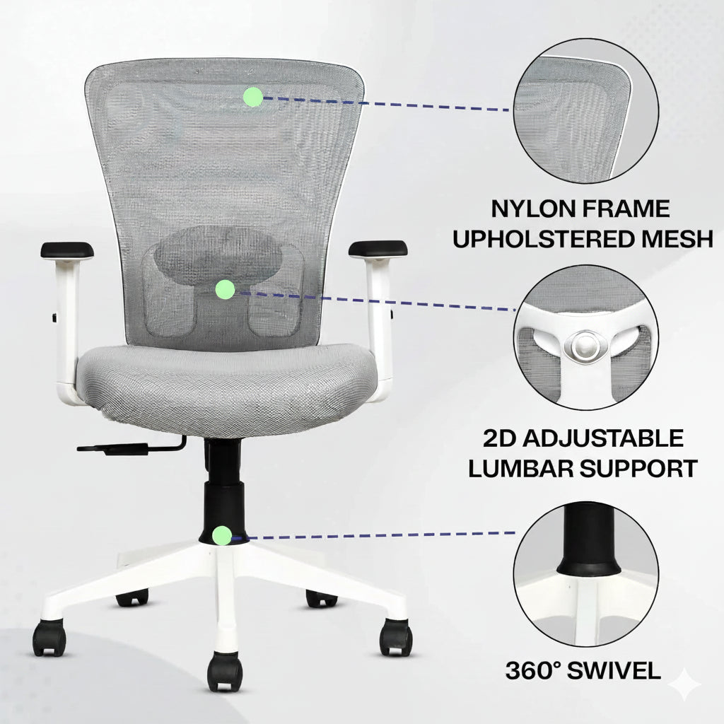 Kepler Brooks Zeus Mid Back Mesh Office Chair (White Frame)