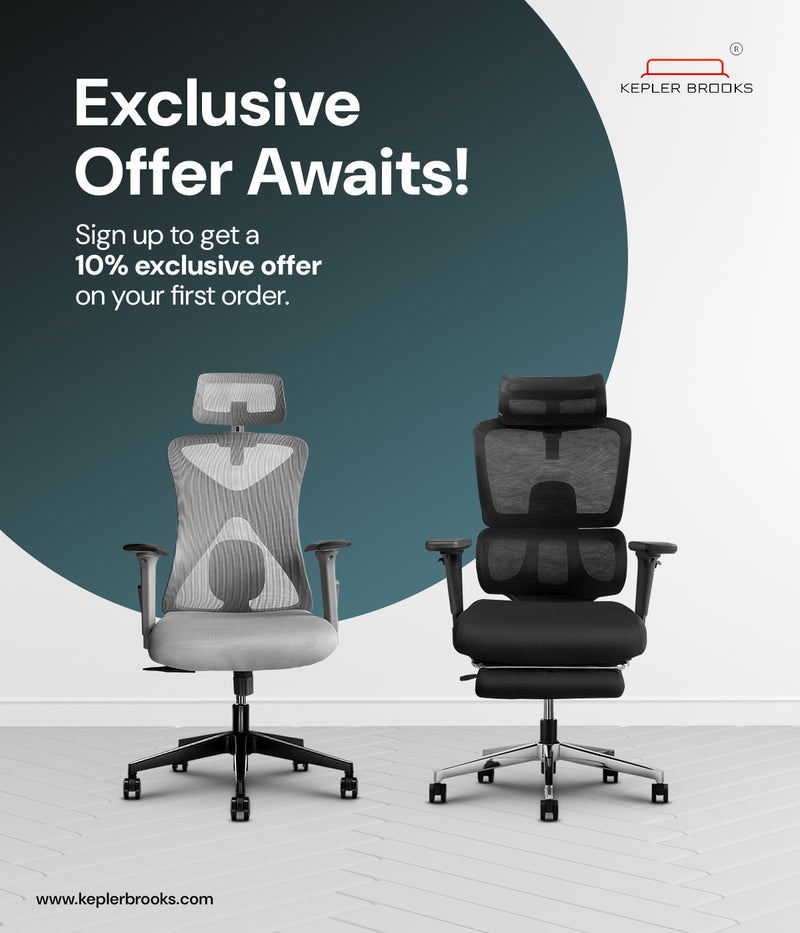 Two office chairs with promotional text for an exclusive offer on a gray and white background.