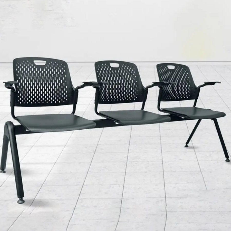 Black metal Public Seating with three seats on a white tiled floor