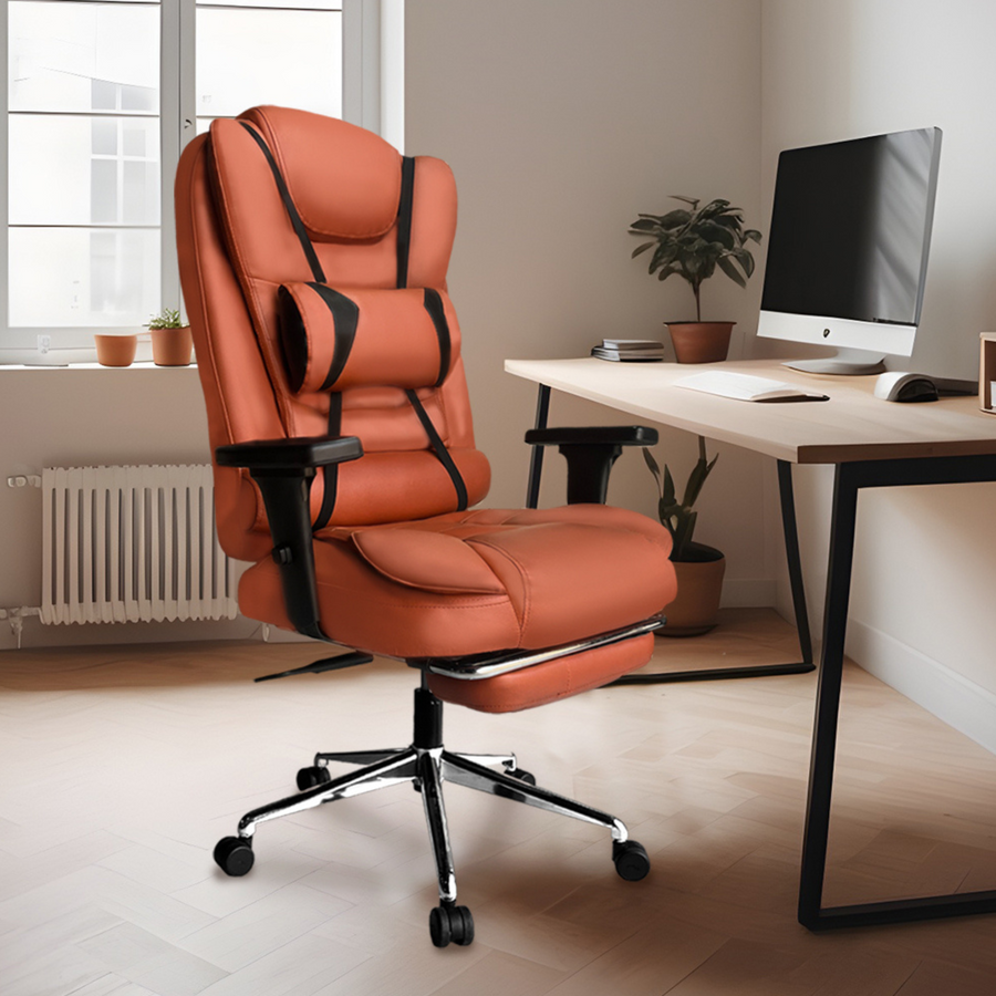 Orange office Leatherette Chairs in a home office setting with a desk and computer.