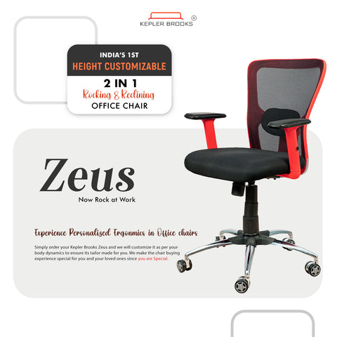 Kepler Brooks Mid Back Mesh Ergonomic Office Chair | Adjustable Headrest & Lumbar Support, Smart Synchro Multi-Tilt Lock Mechanism - Zeus (Red Black)
