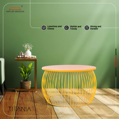 Titania Metal Coffee/Center Table with 18MM Commercial MDF Glossy Finish Tabletop [Yellow Base, Wooden Top] for Living Room Home
