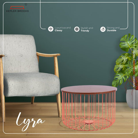 Lyra Metal Coffee/Center Table  for Living Room Home [Pink Base, Wooden Top]