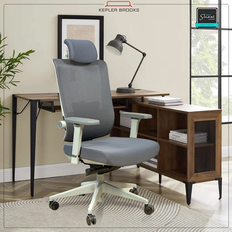 Kepler Brooks Fortius Premium Mesh High Back Office Chair | 2D Adjustable Headrest,4D Adjustable Armrest, Adjustable Lumbar Support | Seat Sliding with Multi Synchro Lock Recline - Grey