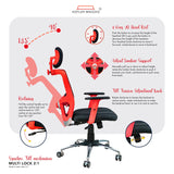 Kepler Brooks High Back Mesh Ergonomic Office Chair | Adjustable Headrest & Lumbar Support, Smart Synchro Multi-Tilt Lock Mechanism - Zeus (Red Black)
