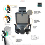 Kepler Brooks Fortius Premium Mesh High Back Office Chair | 2D Adjustable Headrest,4D Adjustable Armrest, Adjustable Lumbar Support | Seat Sliding with Multi Synchro Lock Recline - Black