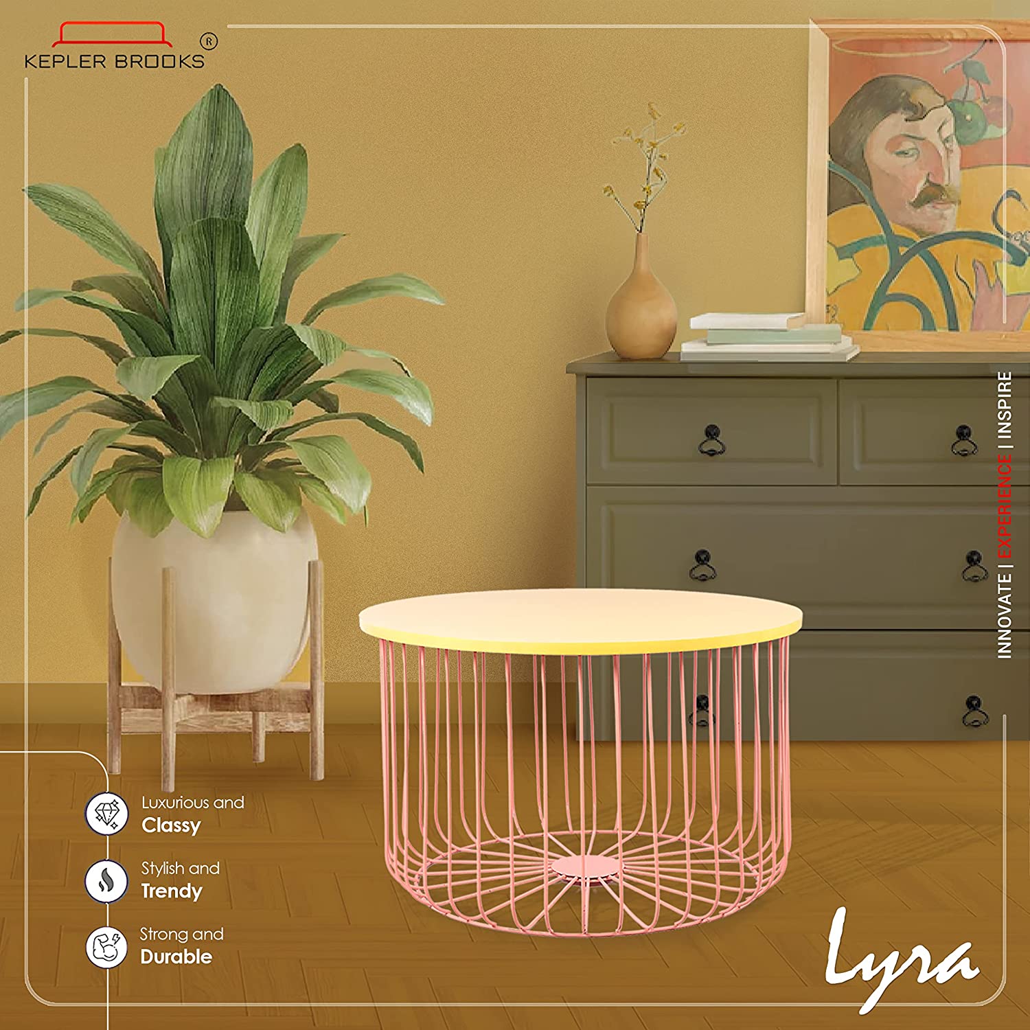 Lyra Metal Coffee/Center Table  for Living Room Home [Pink Base, Wooden Top]